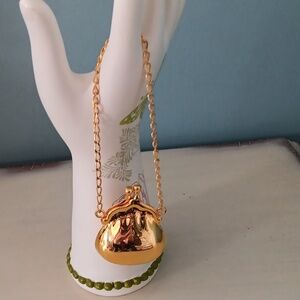 ^ Gold Metal Mini Change Purse with Chain